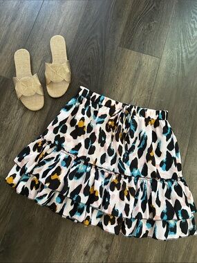Tiered Ruffle Leopard Print Mini Skirt - Pink/Black/Blue